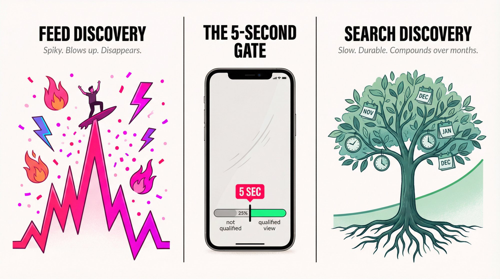 TikTok algorithm diagram: feed virality (spiky) vs search virality (durable) with the 5-second qualified view gate at center