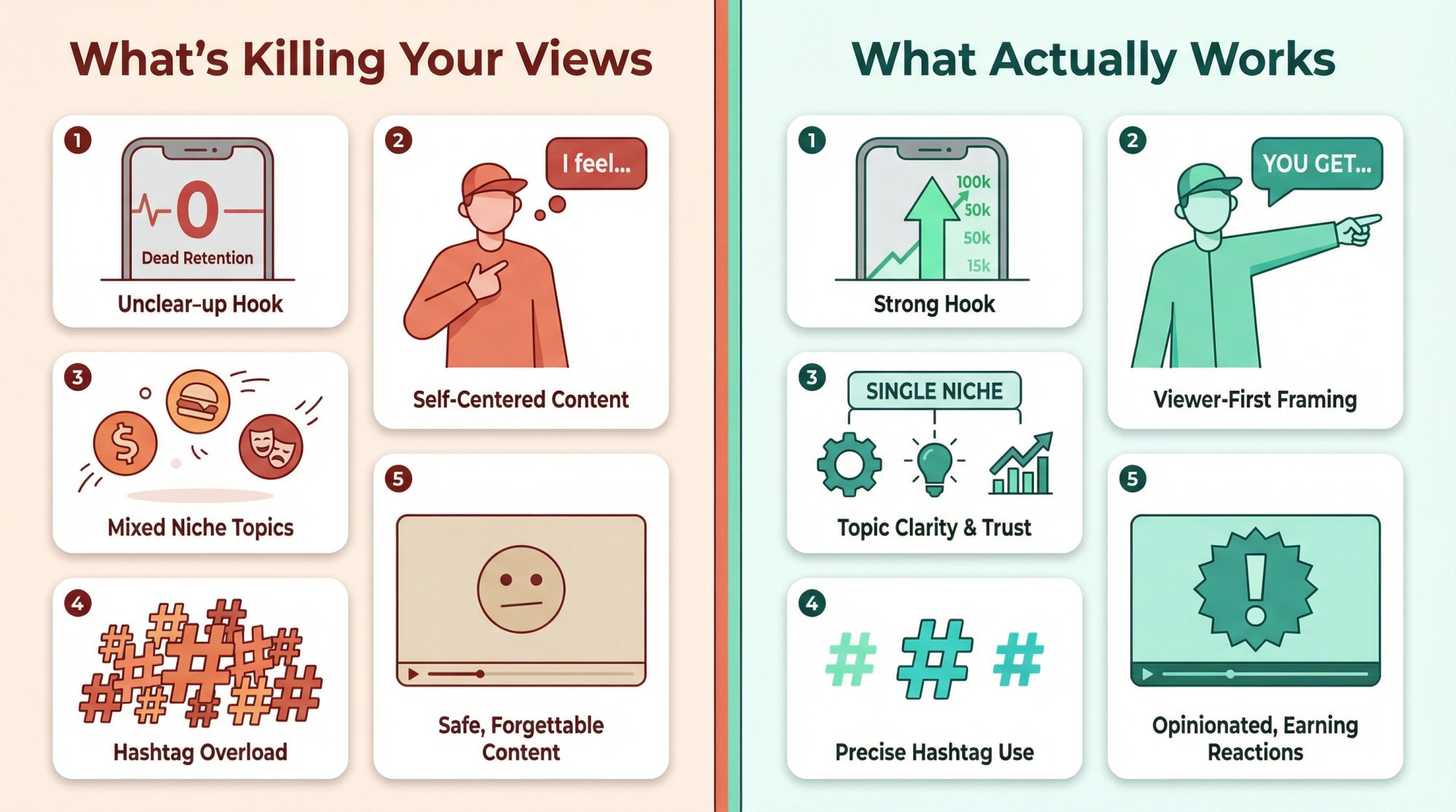 Editorial illustration comparing 5 common TikTok mistakes on the left with their fixes on the right, using a clean wrong-vs-right visual format