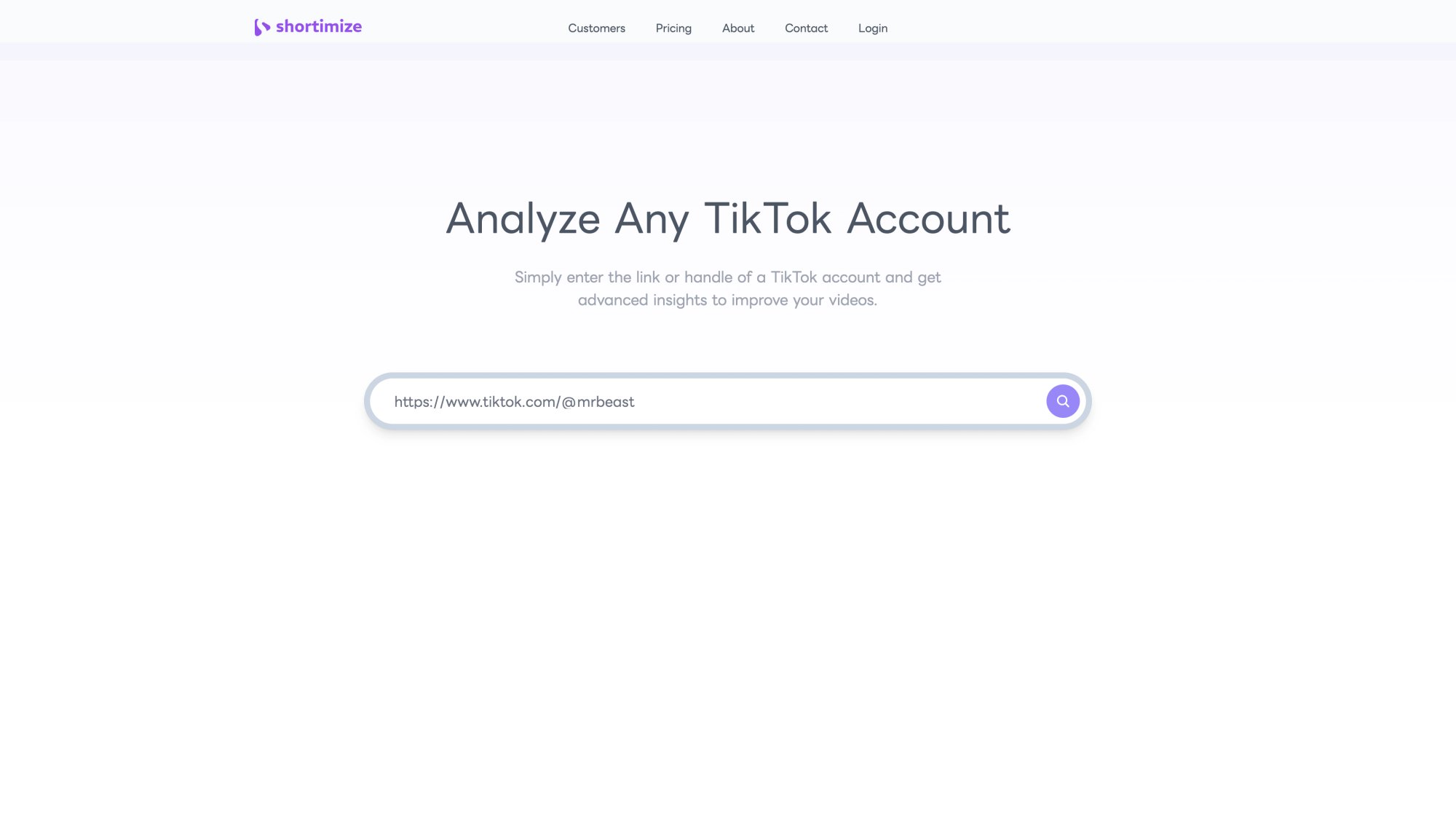 Shortimize Analyze Any TikTok Account page showing URL input field for instant creator analytics