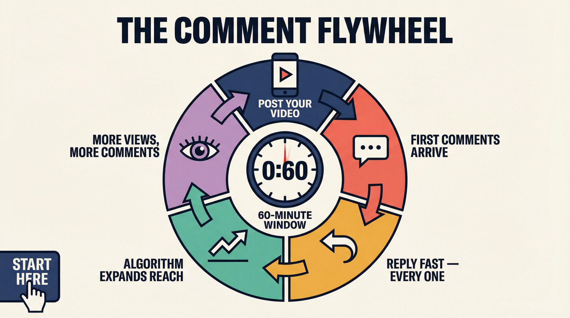 TikTok comment flywheel diagram: 5 circular steps — Post, Comment, Reply, Algorithm Expands, More Views — in the 60-minute window