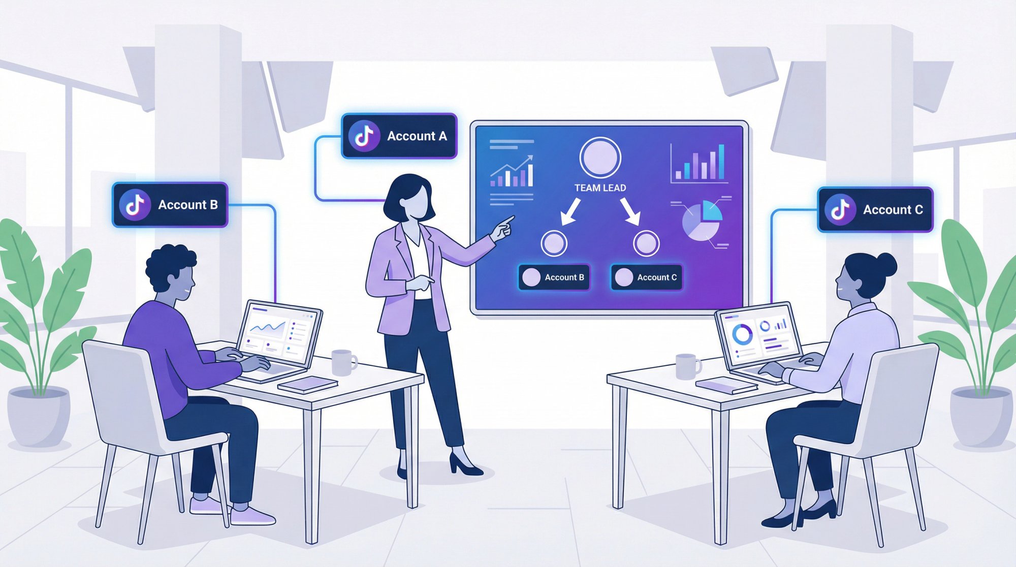 Editorial illustration of a small team assigning ownership of multiple TikTok accounts across roles in a clean modern workspace