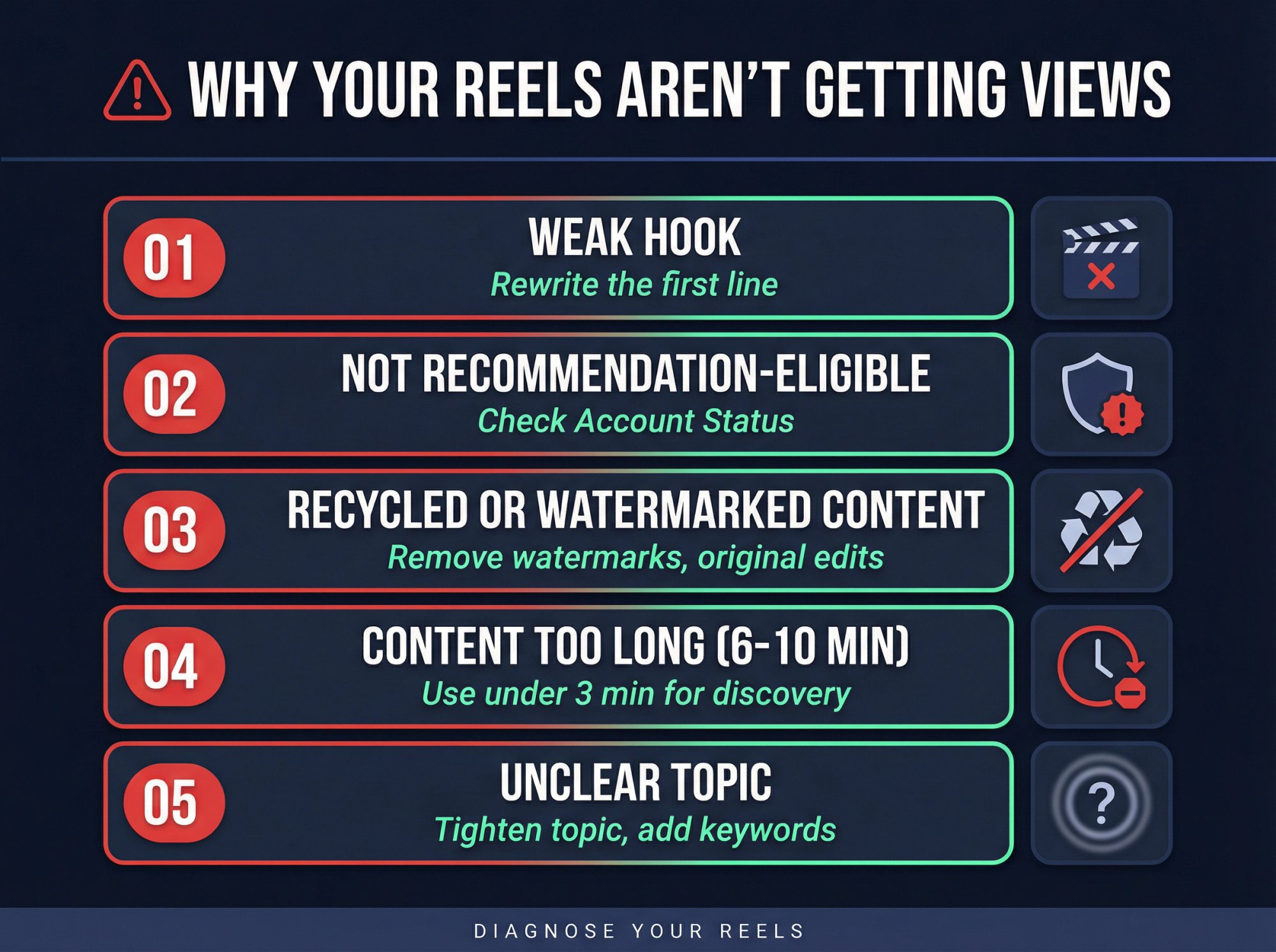 Editorial illustration of 5 common reasons Instagram Reels get no views, shown as a diagnostic checklist with icons and fixes