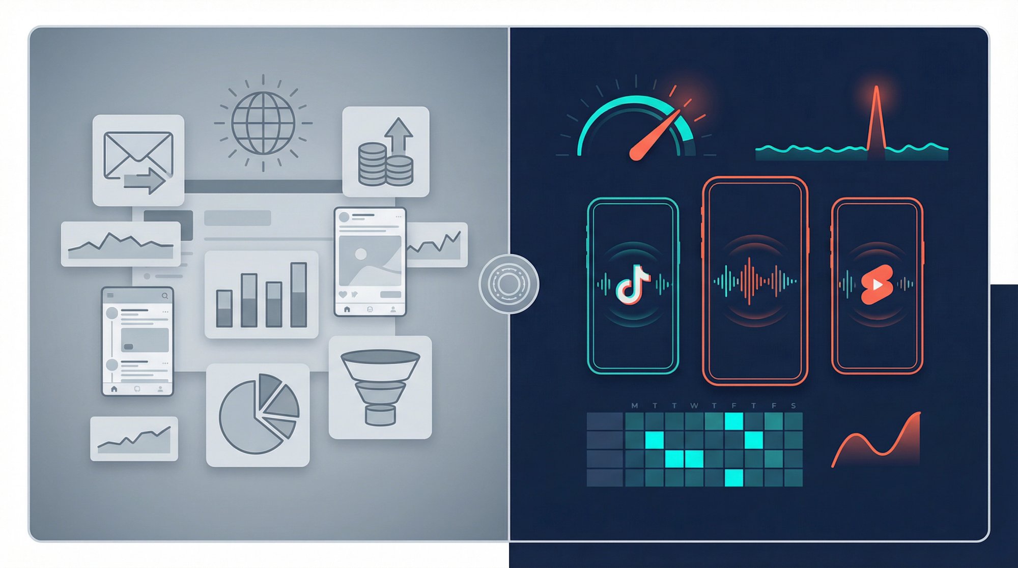 Split-panel editorial: broad generic social analytics (left) vs focused short-form video intelligence (right)