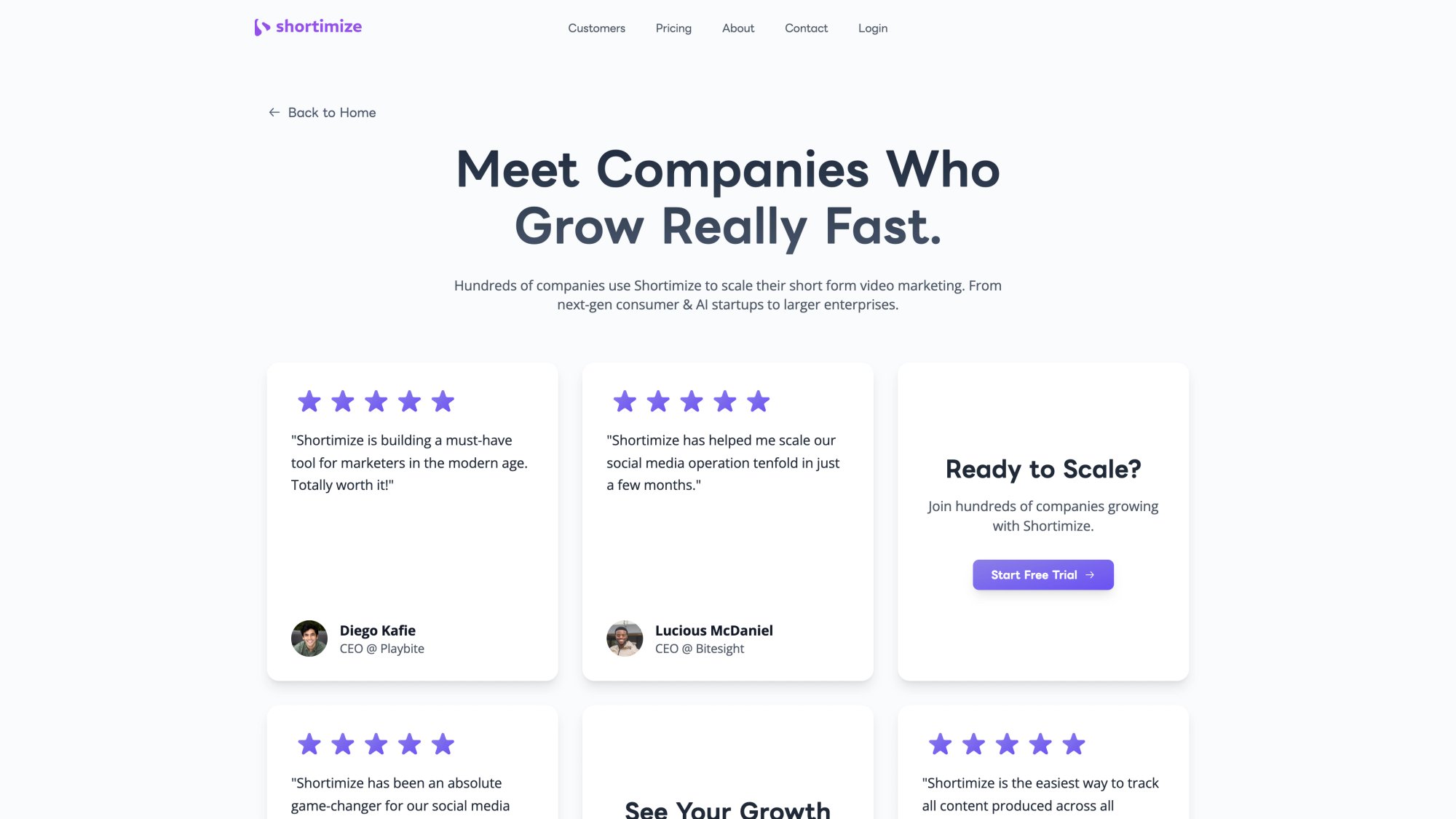 Shortimize customers page showing companies who use Shortimize to grow with five-star testimonials from real growth teams