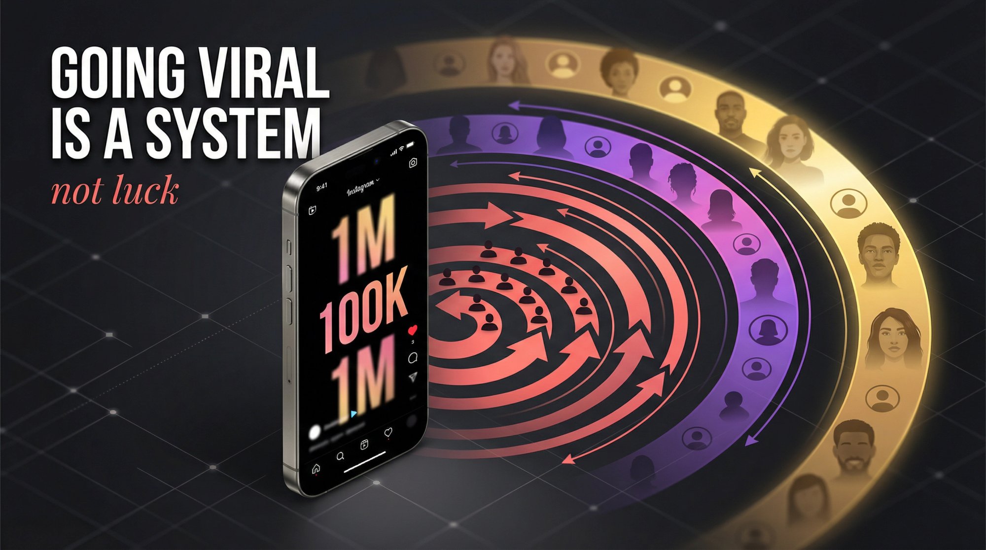 Instagram Reels viral reach expanding outward from a phone screen showing a view counter surging, representing a repeatable system for going viral
