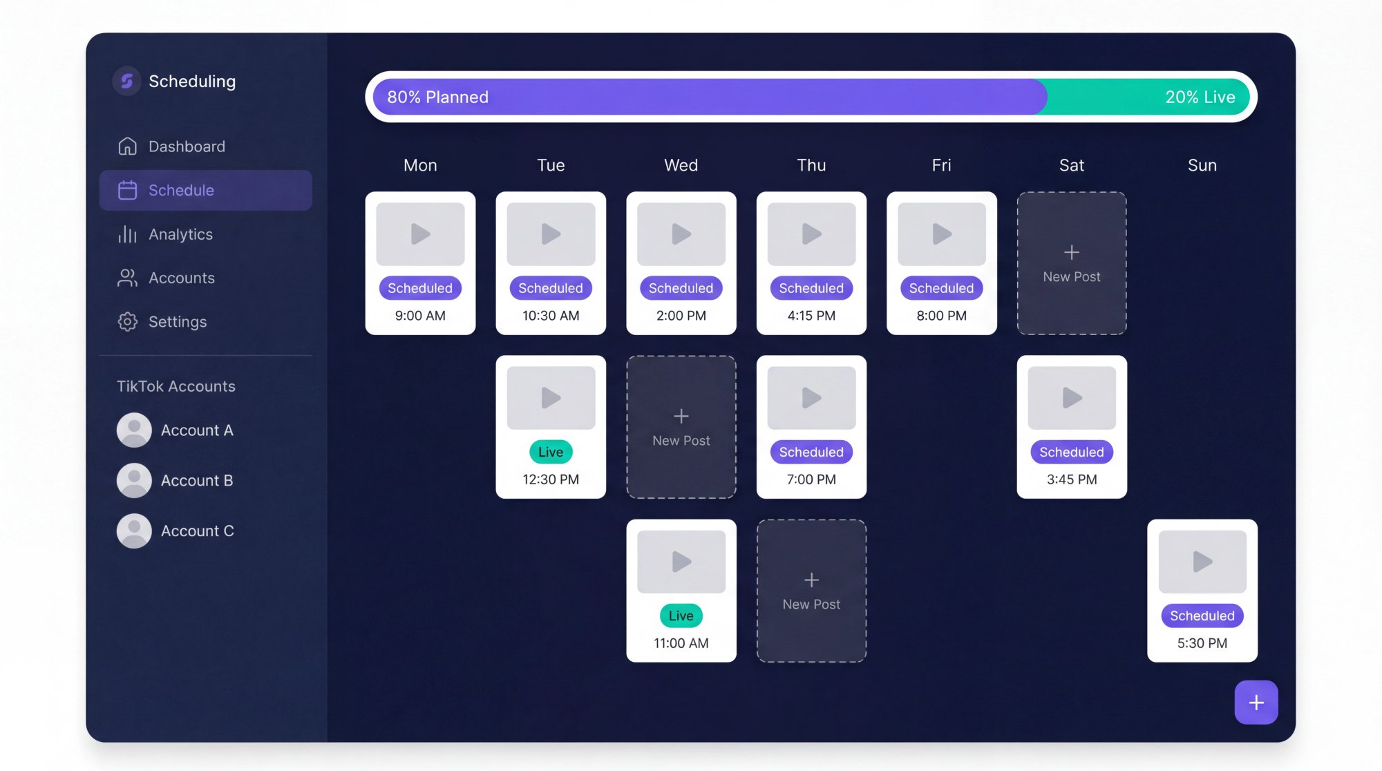 Clean SaaS scheduling dashboard showing queued TikTok posts across three separate accounts at staggered peak times