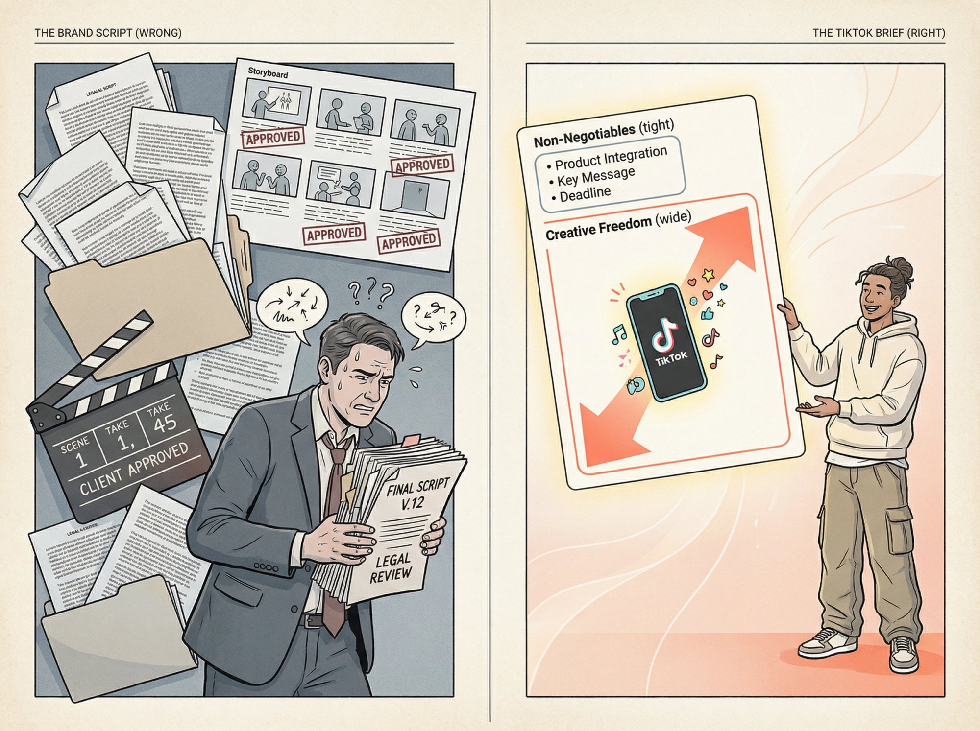 Split illustration contrasting an over-scripted TV-style brand brief on the left versus a lean TikTok creator brief with wide creative freedom on the right
