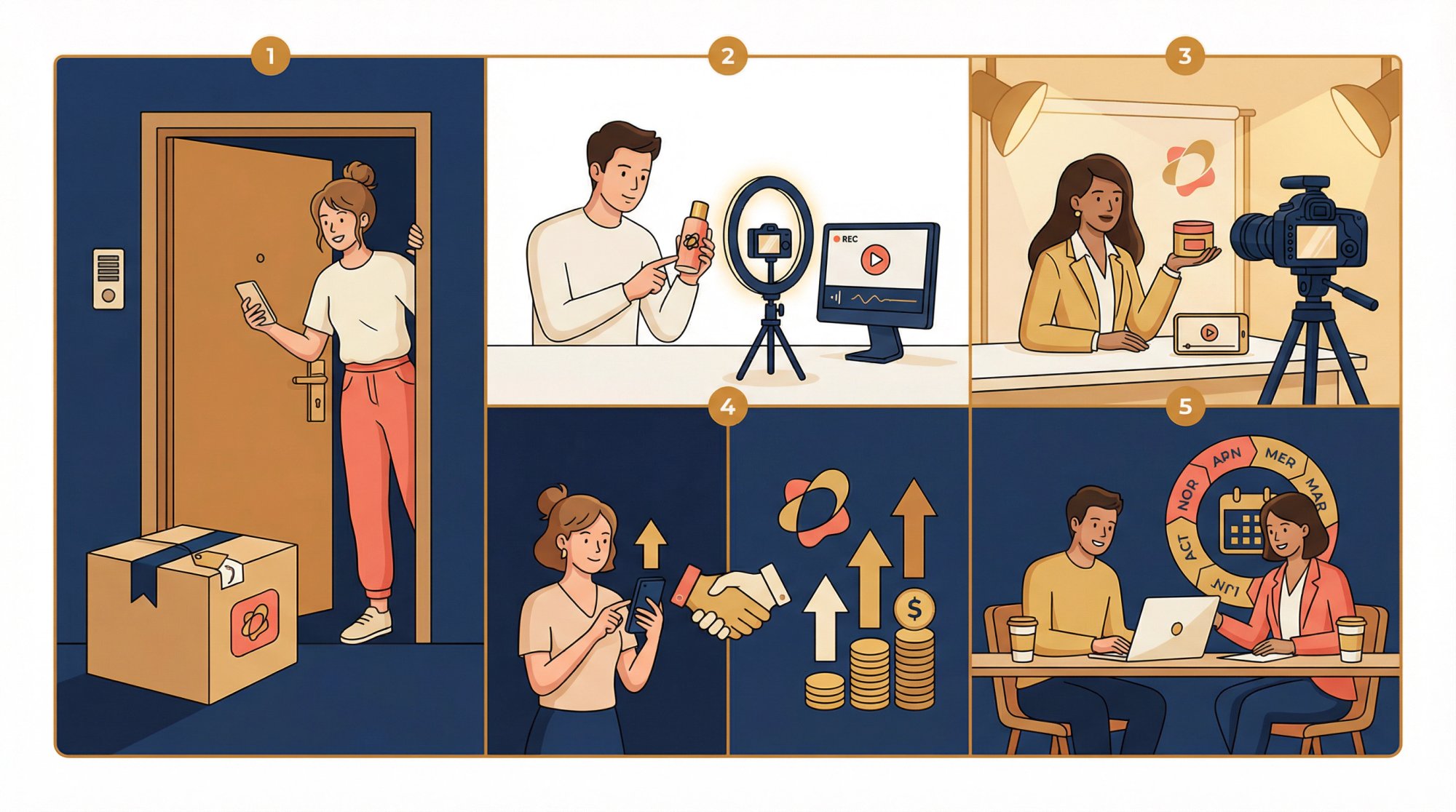 Five types of influencer marketing deals illustrated as sequential brand-creator relationship stages from gifting to ambassador partnerships