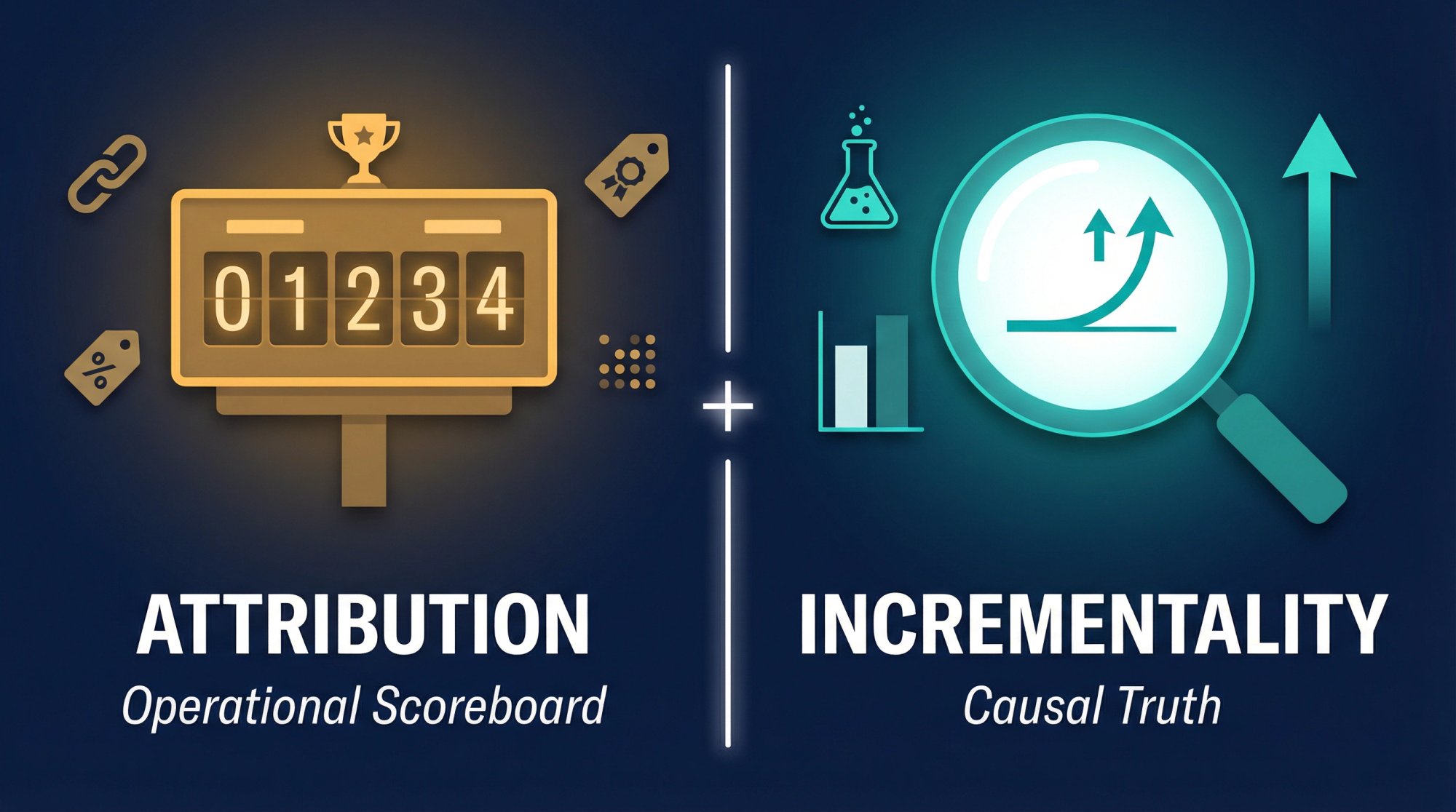 Attribution vs incrementality illustration: scoreboard represents operational credit, magnifying glass represents causal truth