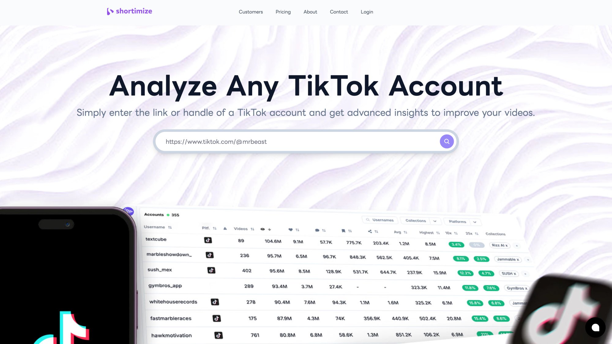 Shortimize Analyze TikTok Account dashboard — search input and analytics table with views, followers, and engagement data