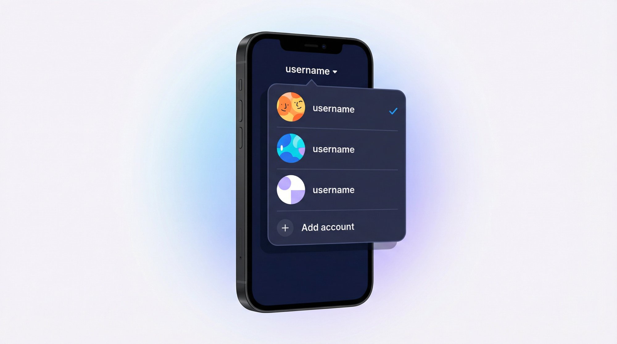 Editorial illustration of a smartphone showing TikTok's account switcher dropdown menu with three distinct profile accounts listed