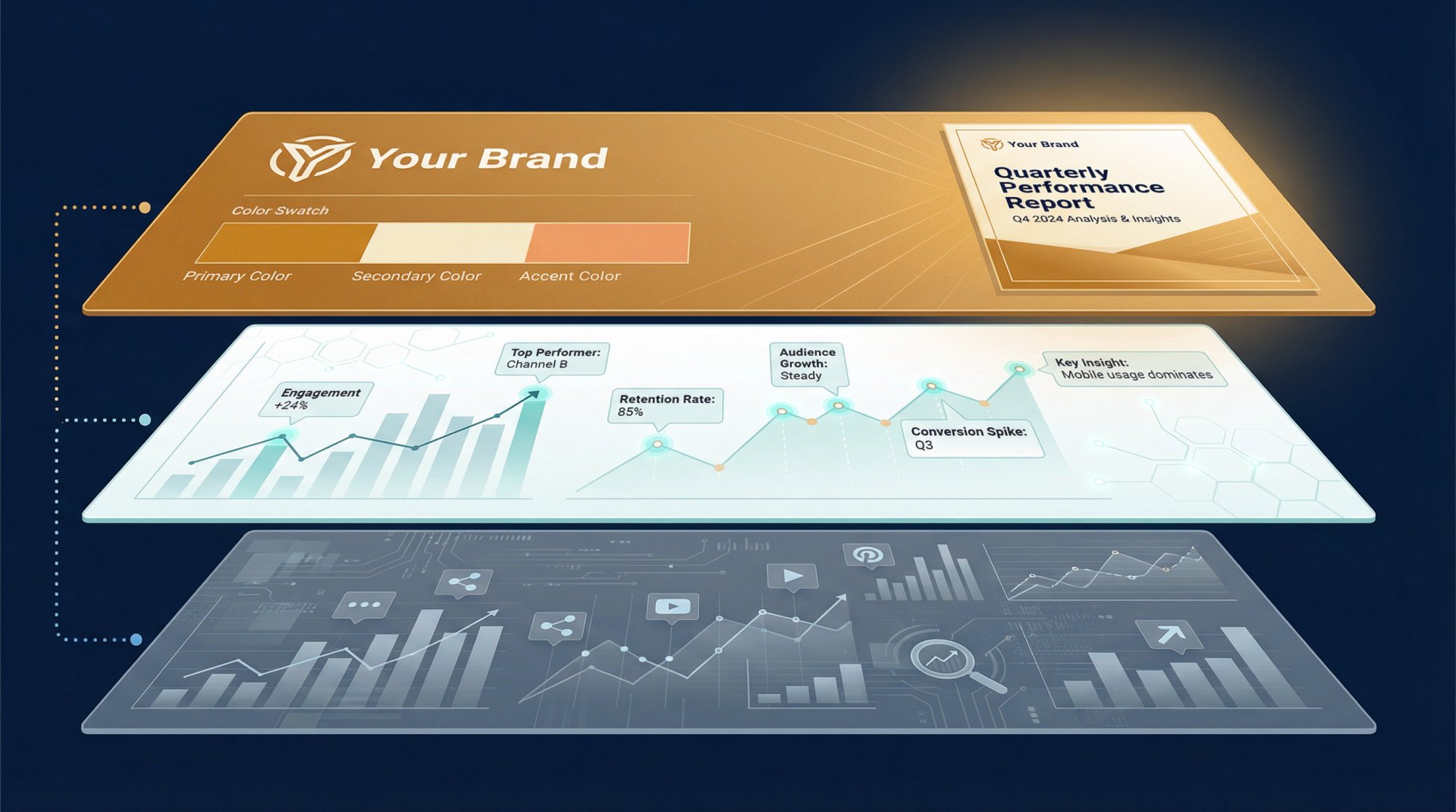 Three-layer editorial illustration of raw data, analysis, and branding assembling into a branded white-label analytics report