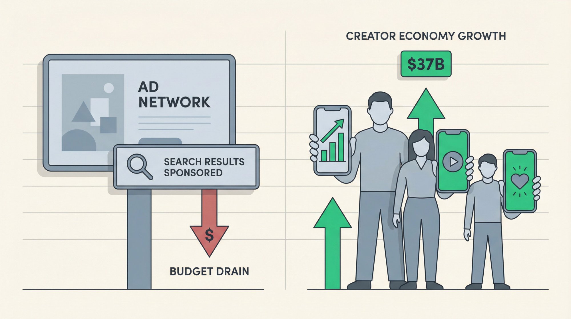 Editorial illustration showing budget reallocation from traditional digital ads to creator marketing channels in 2026, with nano and micro influencer tiers rising