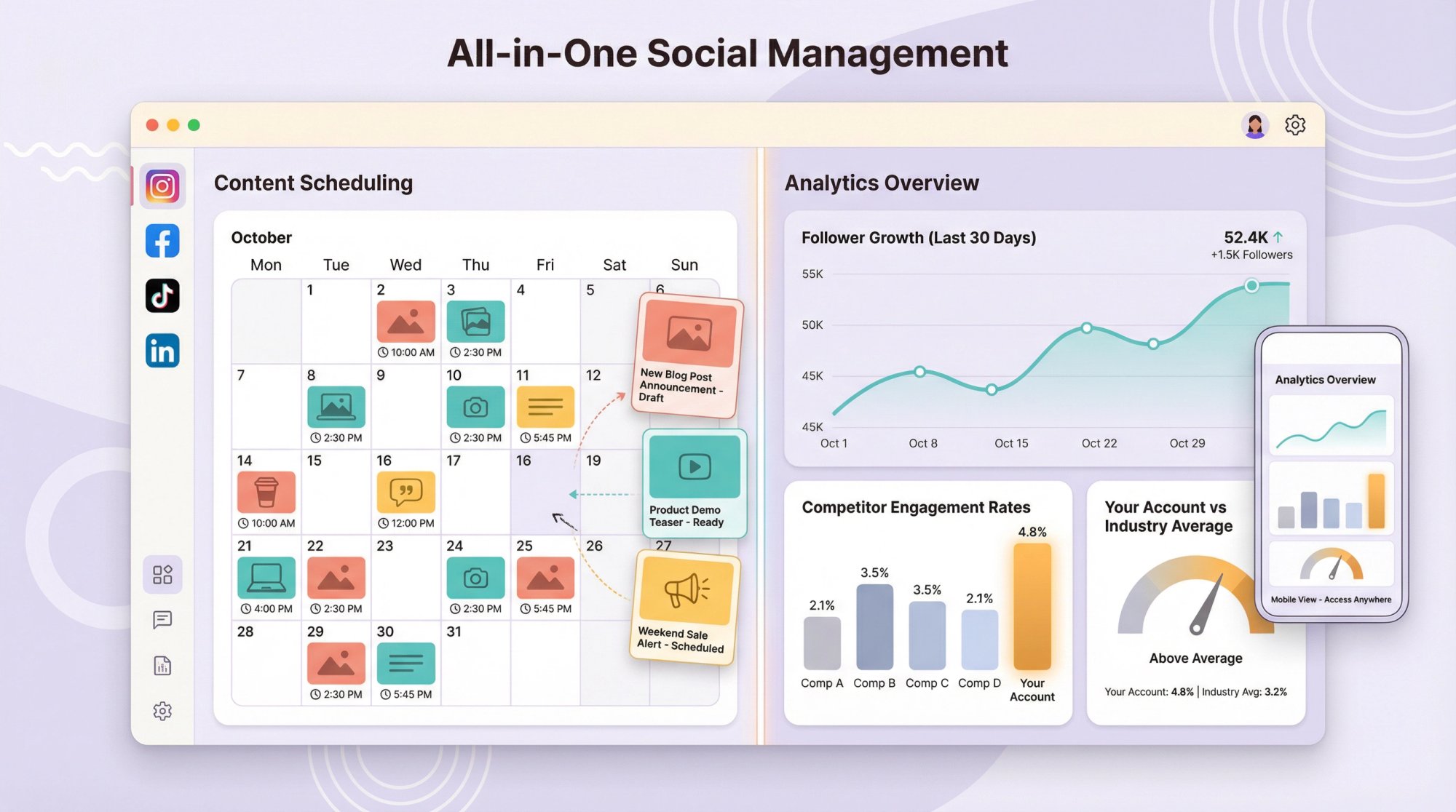 Editorial illustration of an all-in-one social media dashboard showing a content scheduling calendar alongside analytics charts in one unified interface