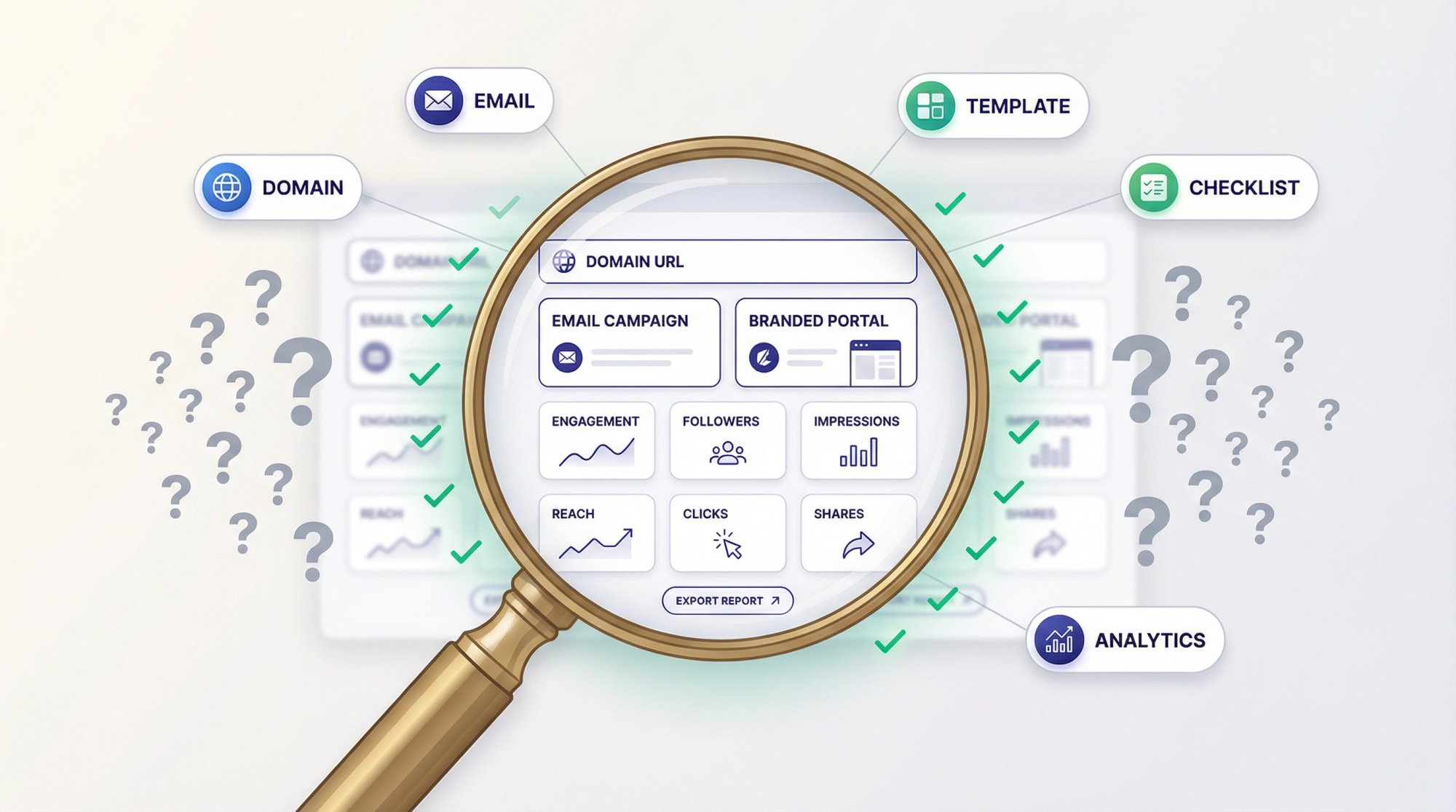 Editorial illustration of a magnifying glass revealing clear answers from a social media analytics dashboard, with question marks converting to checkmarks
