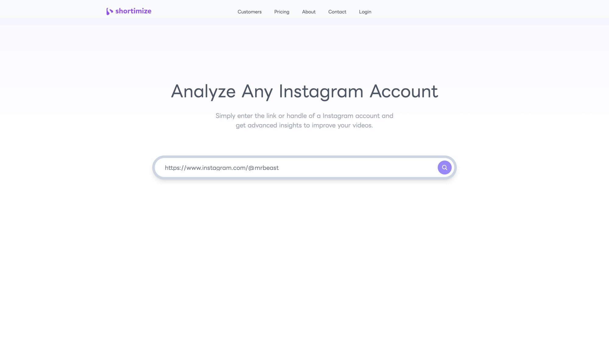 Shortimize Analyze Any Instagram Account page with search field showing how to enter any Instagram handle for competitor analytics