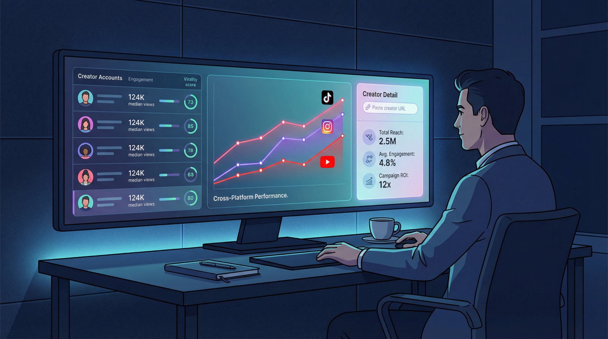 Influencer analytics dashboard showing creator performance across TikTok, Instagram, and YouTube for smarter budget decisions